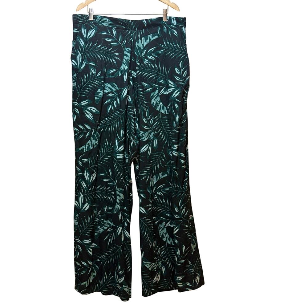Long Tall Sally Wide Leg Pants LTS Black Green Tropical Print Trousers 18 XLONG - Picture 2 of 13